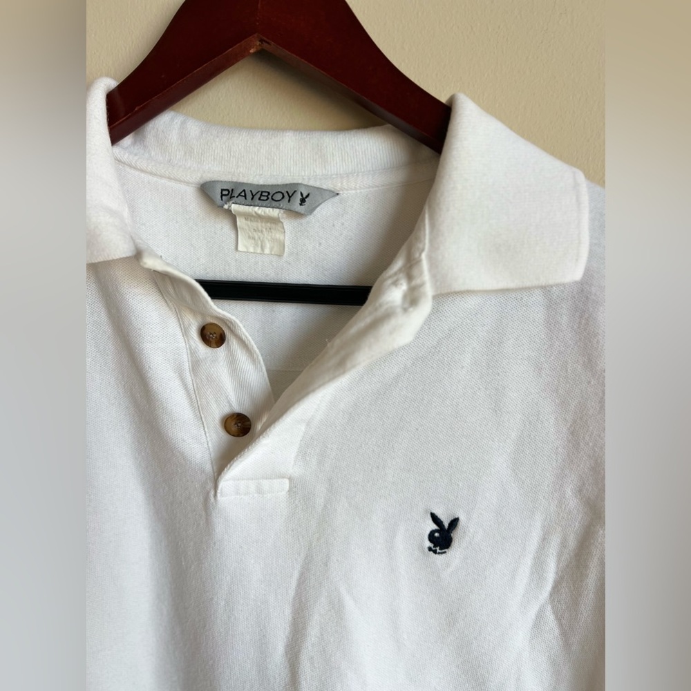 Playboy Vintage Short Sleeve Polo Shirt Mens M White Bunny Collared 100% Cotton